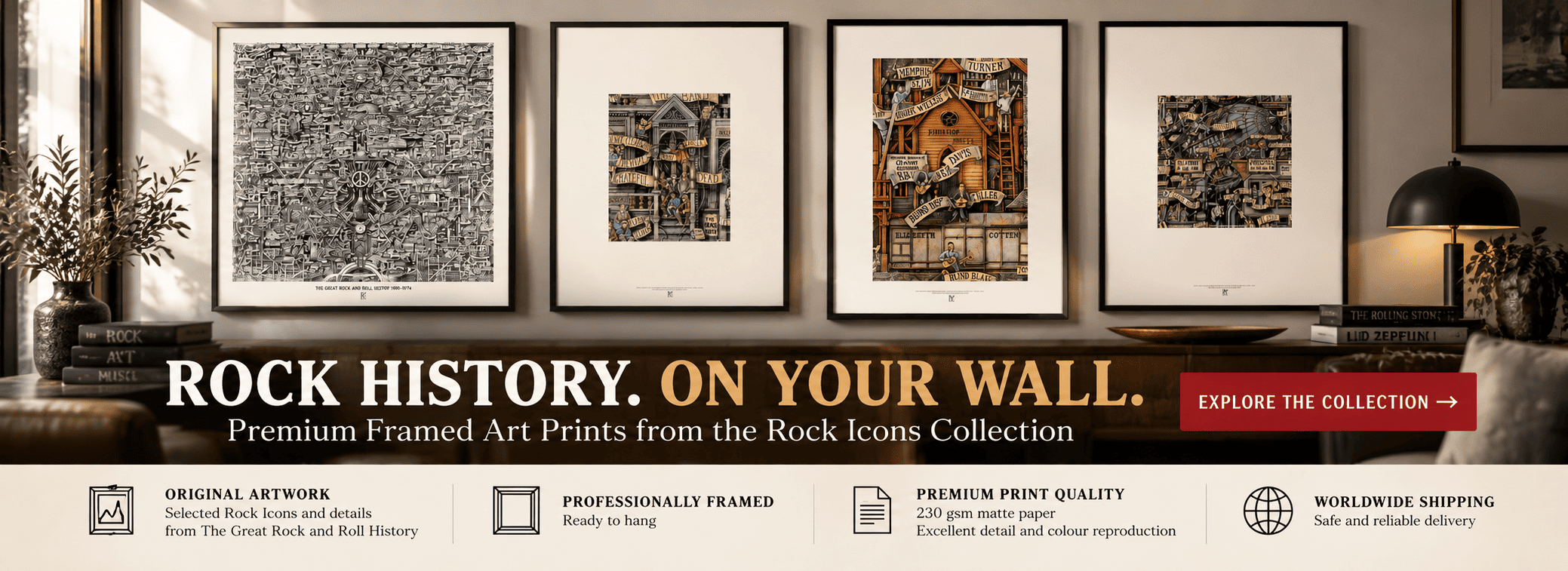 rock-icons-framed-art-prints-link-button-massimo-cravich Promotional banner linked to a collection of Selected Rock Icons and illustrated rock history artworks by Massimo Cravich.